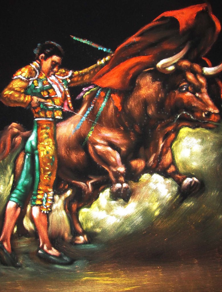 778x1024 Torero Bull Fighter, Original Oil Painting On Black Velvet By - Bullfighter Painting