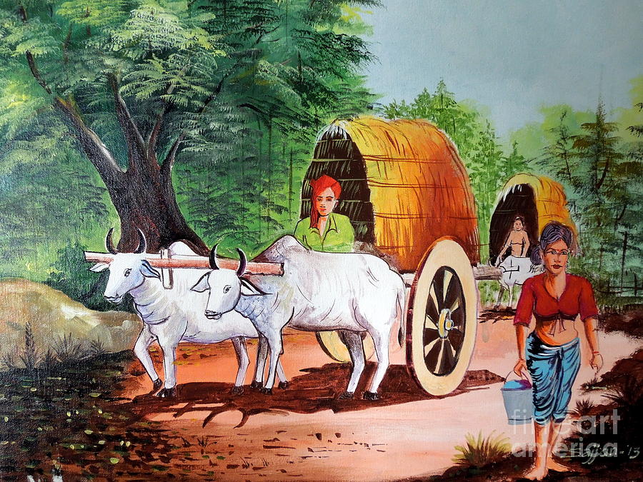 900x675 Bullock Cart Painting By Sajjan Chopra - Bullock Painting