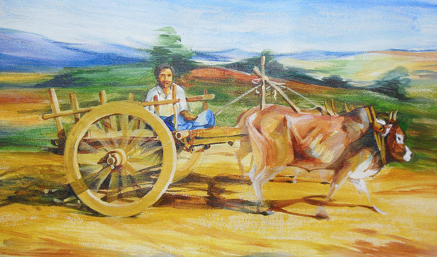 900x529 Bullock Cart Painting By Vineeth Pr - Bullock Painting