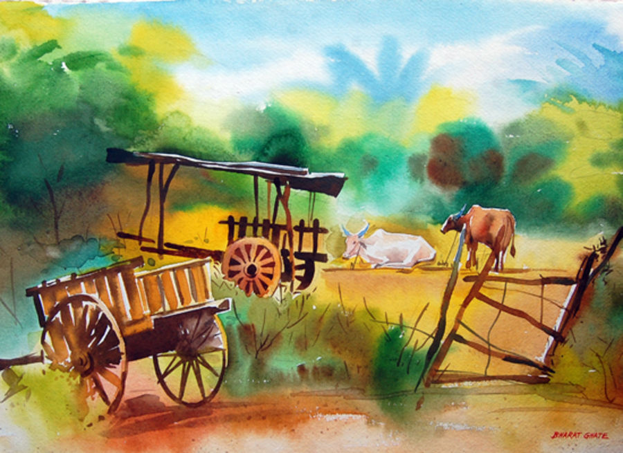 900x655 Bullock Carts Painting By Artist Bharat Ghate - Bullock Painting