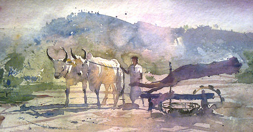 512x268 Bullock Painting By Mohan Watercolours - Bullock Painting