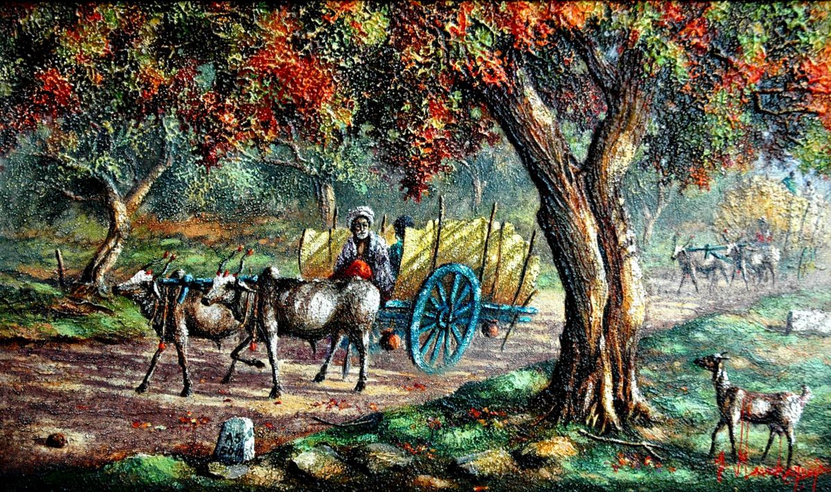 1200x710 Bullock Cart (Landscape Artist G.manohar Raja) - Bullock Painting