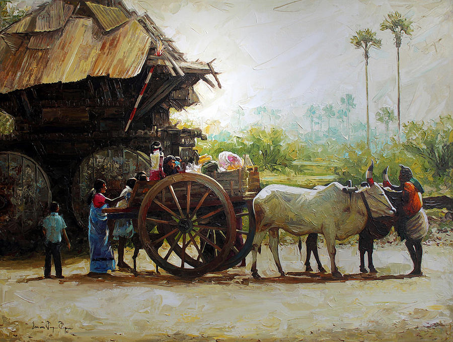 900x679 Bullock Cart Painting By Iruvan Karunakaran - Bullock Painting