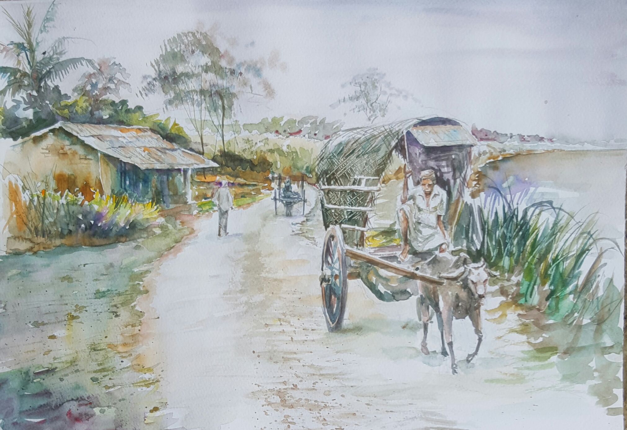 2022x1388 Bullock Cart By The Lake 02 Karunagama Art Gallery - Bullock Painting