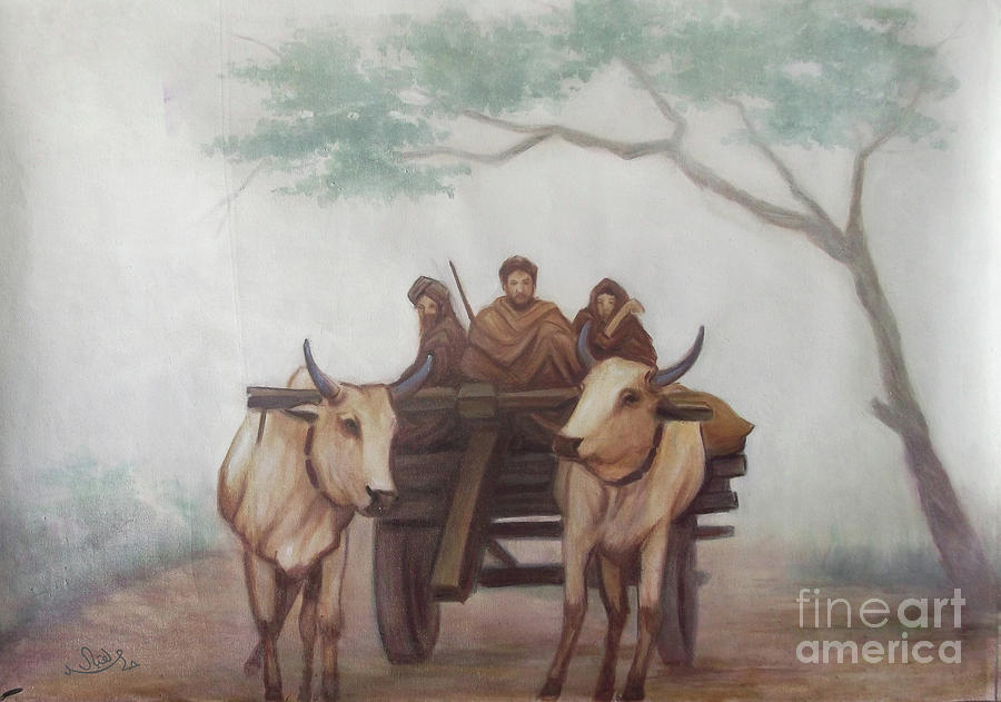 900x631 Riding Men On Bullock Cart In Fog , A Village Vehicle Painting By - Bullock Painting