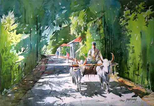 493x340 Waterscape My Way Bullock Cart - Bullock Painting