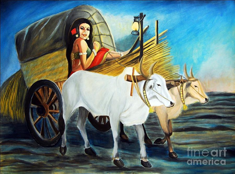 900x667 Beautiful Ride Painting By Raje Mathur - Bullock Painting