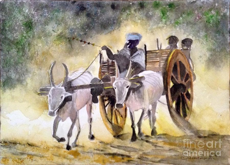 900x645 Bullock Cart In The Indian Summer Painting By Samanvitha Rao - Bullock Painting