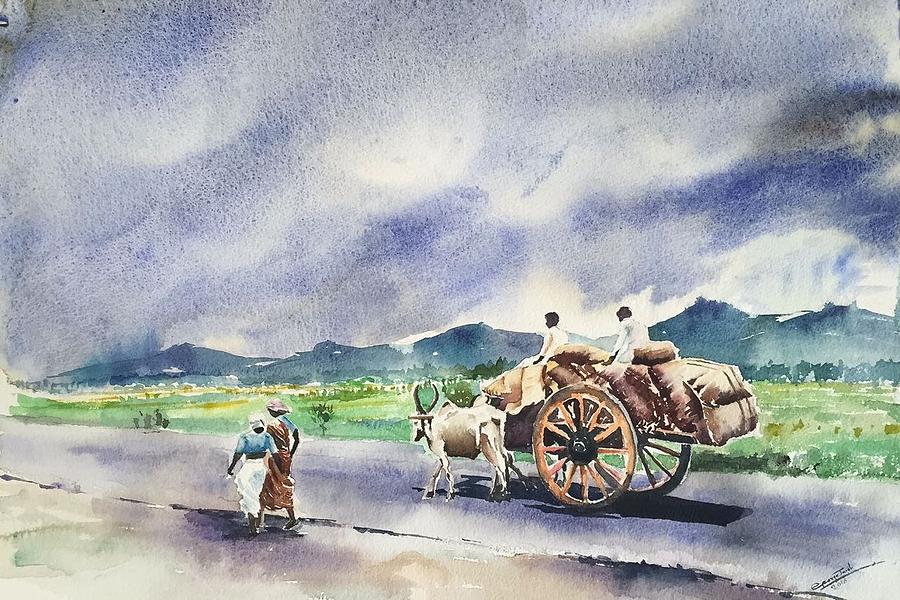 900x600 Bullock Cart Painting By George Jacob - Bullock Painting
