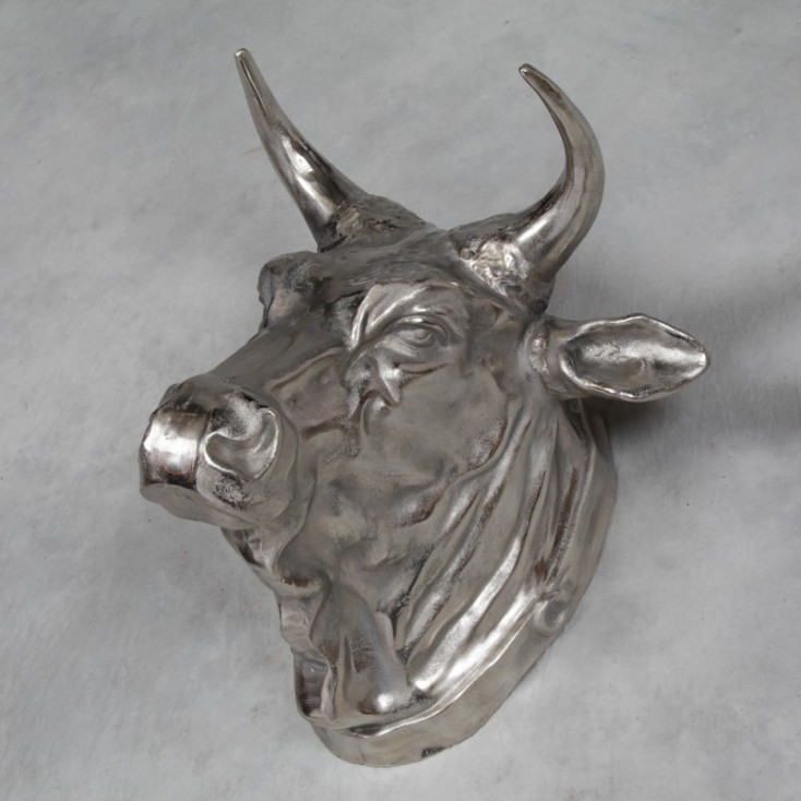 734x734 Large Bulls Vintage Antique Silver Wall Mounted Animal Heads Wall Art - Bulls Head Painting