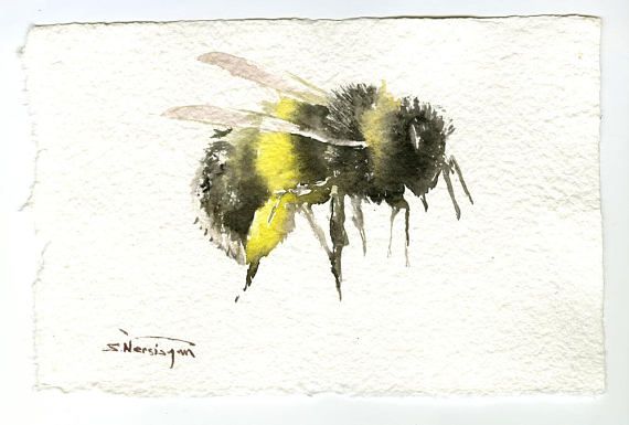 570x385 Bumblebee Painting, Original Watercolor Art, Handmade Feather - Bumble Bee Painting