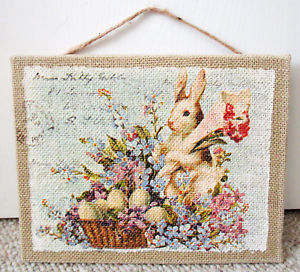 300x272 Easter Burlap Fabric Canvas Wall Decor White Bunny Rabbit Painting - Bunny Rabbit Painting
