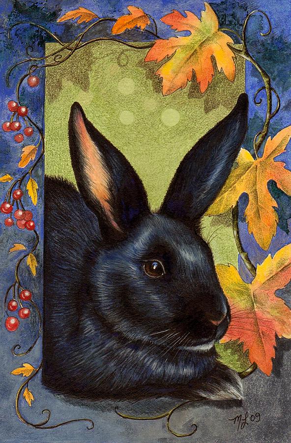592x900 Black Bunny And Fall Border Painting By Melody Lea Lamb - Bunny Rabbit Painting