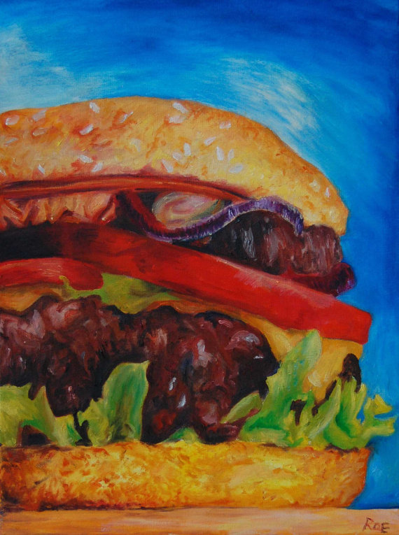 570x765 Cheeseburger Oil Painting Burger Food Wall Art Kitchen - Burger Painting