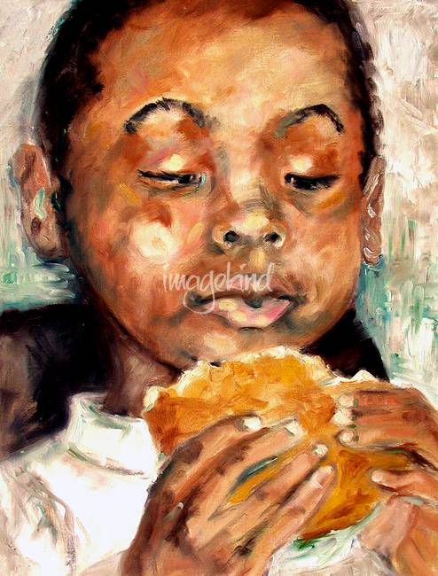 494x650 Young Boy Eating A Vegan Burger Oil Painting By Gi By Ginette Callaway - Burger Painting