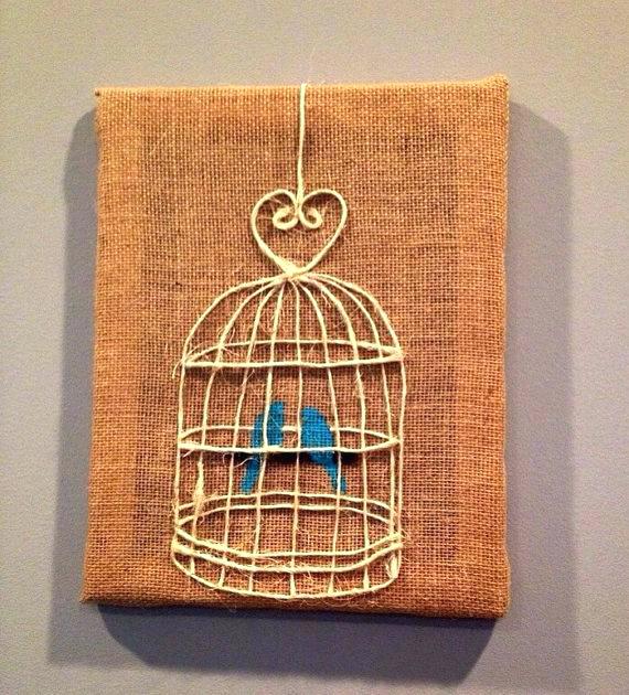 570x630 Mixed Media Blue Love Birds Rustic Jute Bird Cage Burlap Canvas - Burlap Canvas Painting