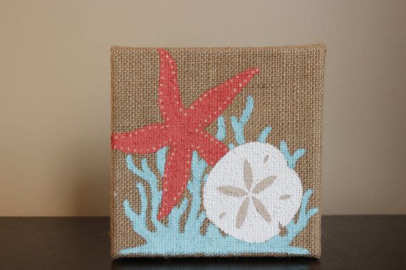 570x380 Burlap Canvas Painting With Startfish, Coral, Sand Dollar On Etsy - Burlap Canvas Painting