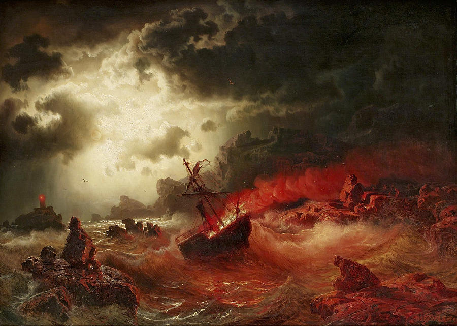 900x641 Ocean At Night With Burning Ship Painting By Marcus Larson - Burning Painting