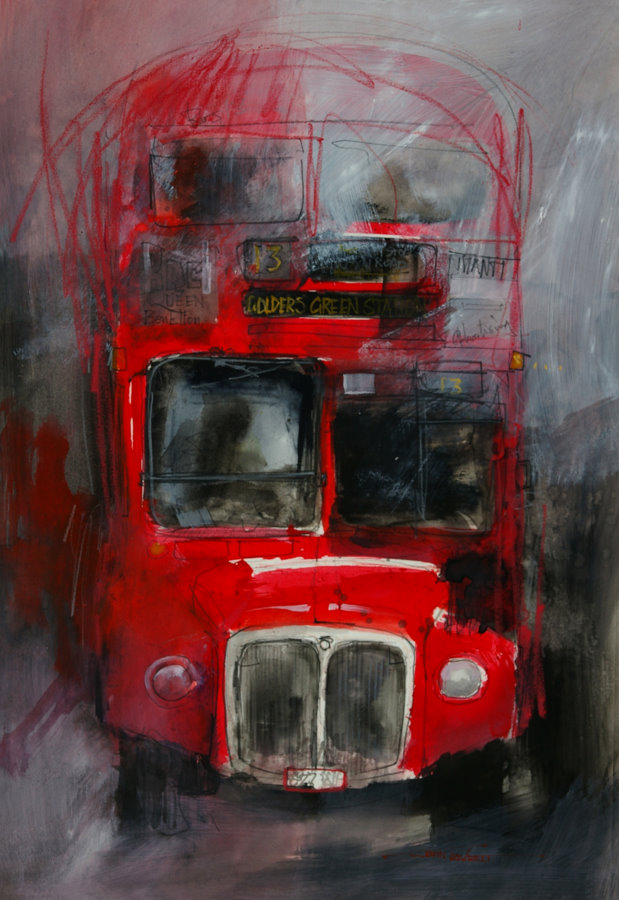 619x900 London Bus Painting Splashing Paint - Bus Painting