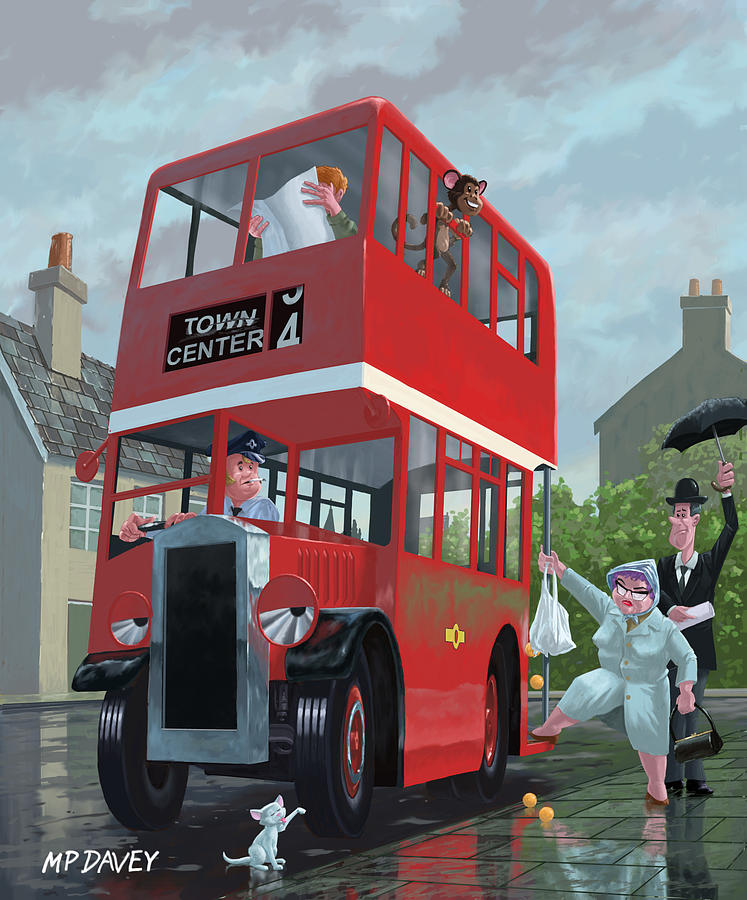 747x900 Red Bus Stop Queue Painting By Martin Davey - Bus Painting