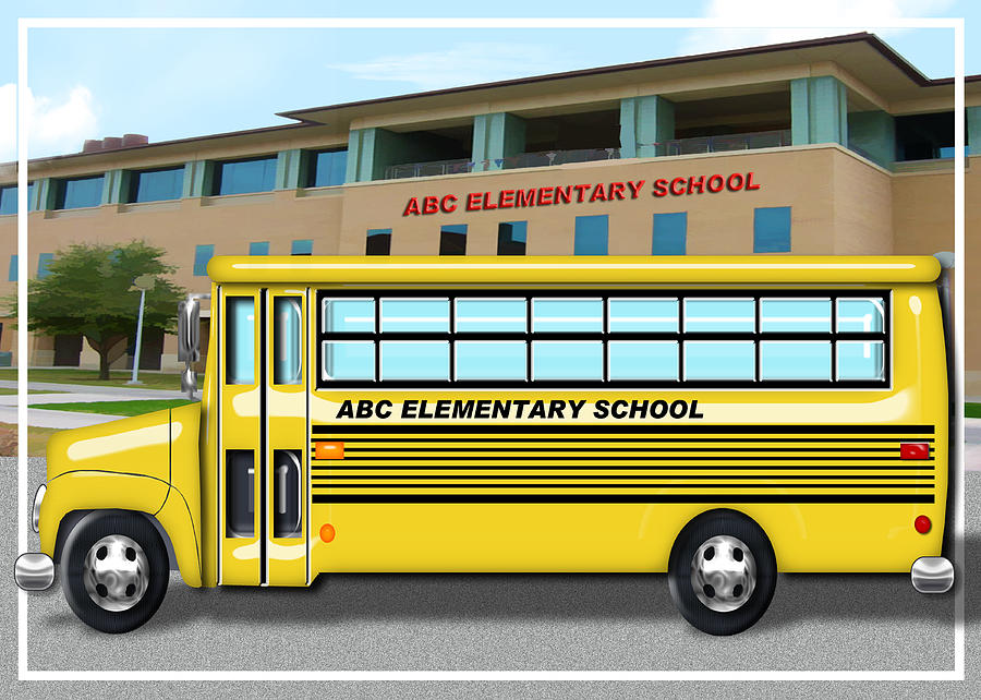 900x642 School Bus In Front Of School Painting By Elaine Plesser - Bus Painting