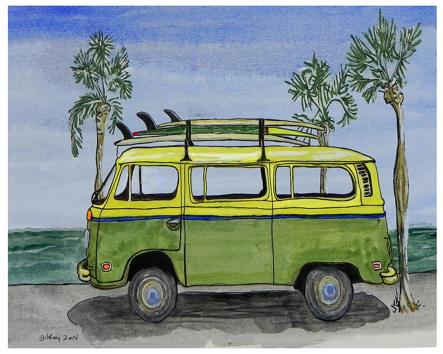 900x720 Surf Art Vw Bus And Long Boards Painting By W Gilroy - Bus Painting