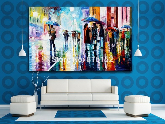 640x482 Modern Palette Knife Painting Rainy Day Bus Stop Life Scene - Bus Stop Painting