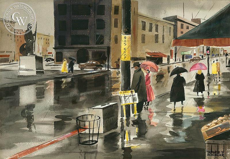 800x554 Bus Stop, Art By Dorner T. Schueler California Watercolor - Bus Stop Painting