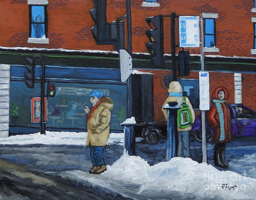 900x704 Winter Bus Stop Painting By Reb Frost - Bus Stop Painting