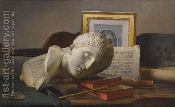 600x368 Still Life With A Musical Score, A Marble Bust, A Guitar, Books - Bust Painting