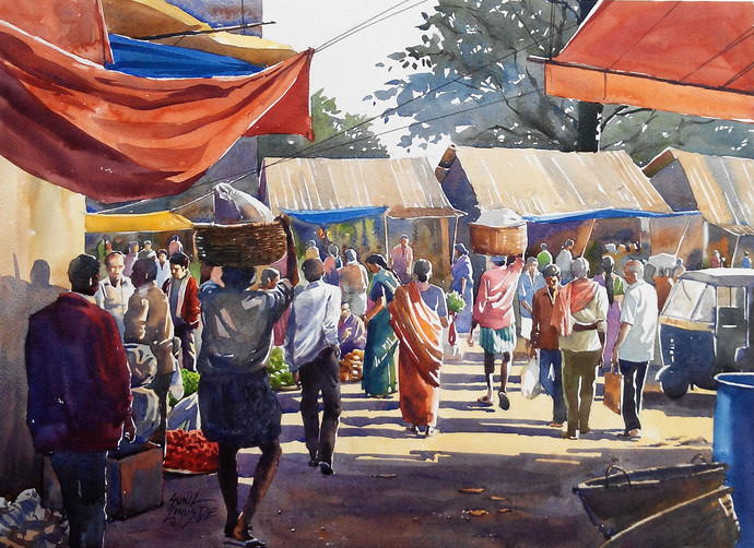 690x502 Busy Market By Artist Sunil Linus De Impressionism, Painting - Busy Painting