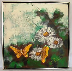 300x294 C. Roberts Oil Or Acrylic Painting Daisies Butterflies Ebay - Butterfly Acrylic Painting