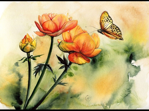 480x360 Watercolor Flowers And A Butterfly Painting Demonstration - Butterfly And Flower Painting