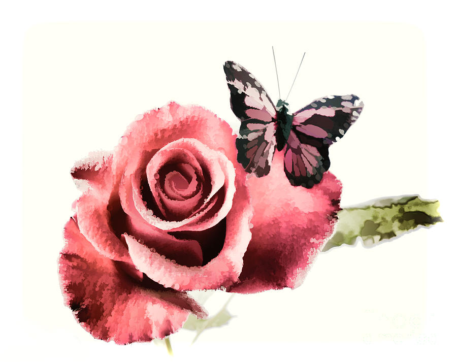 900x713 Red Rose Flower And Butterfly Painting In Color 3184.02 Painting - Butterfly Flower Painting