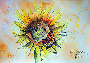 300x211 Sunflower And Butterfly Watercolor Original Flower Painting Insect - Butterfly Flower Painting
