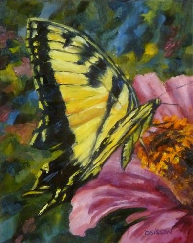 395x495 Tiger Swallowtail And Zinnia Oil Butterfly Flower Still Life - Butterfly Flower Painting