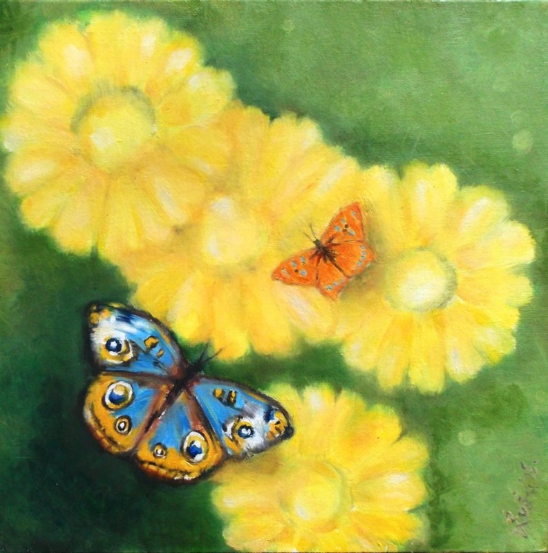 793x800 Butterflies, Flowers, Blue Butterfly, Orange Butterfly, Yellow - Butterfly Flower Painting