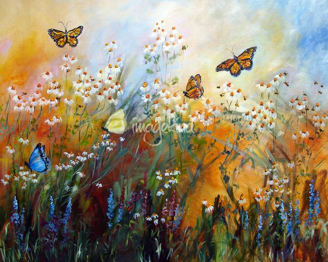 650x520 Chamomile Garden Butterflies Painting By Ginette Callaway - Butterfly Garden Painting