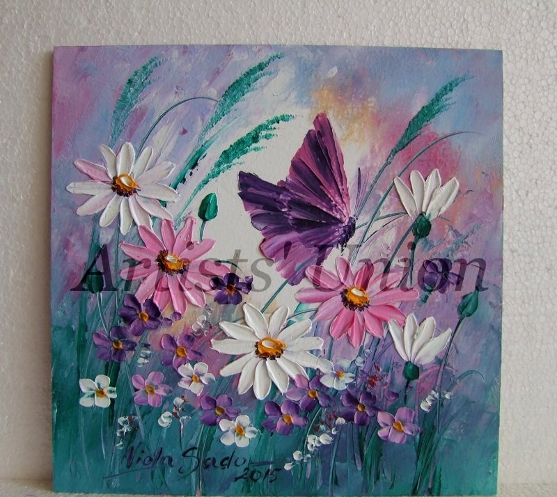 800x714 Daisies Original Oil Painting Butterfly Pink White Wild Flowers - Butterfly Oil Painting