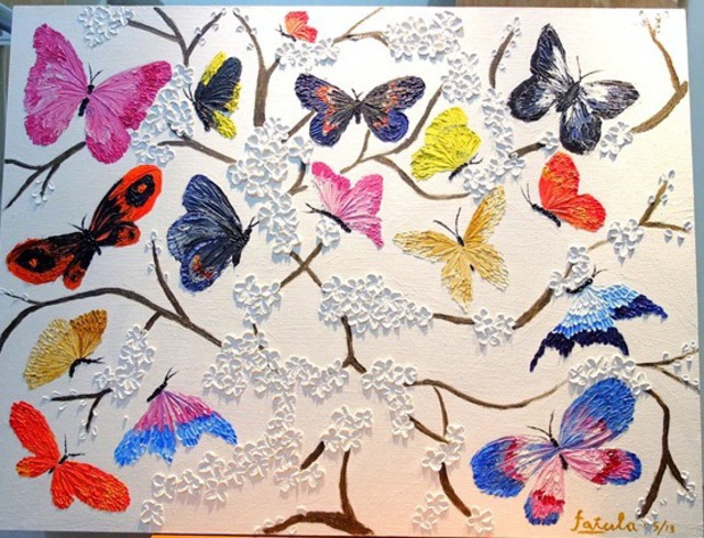 640x489 Fatula Waluyo Artwork Colorful Butterflies And Cherry Blossom - Butterfly Oil Painting
