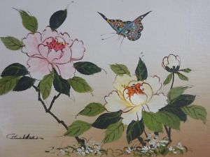 300x225 Roses And Butterfly Oil Painting Wood Original Signed Artist - Butterfly Oil Painting
