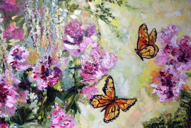 650x434 Butterflies And Peonies Oil Painting By Ginette Callaway - Butterfly Oil Painting