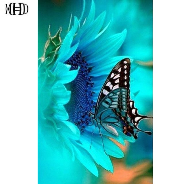 640x640 Mhd Needlework Diamond Painting Butterfly Blue Daisy, Full Amp Round - Butterfly On Daisy Painting