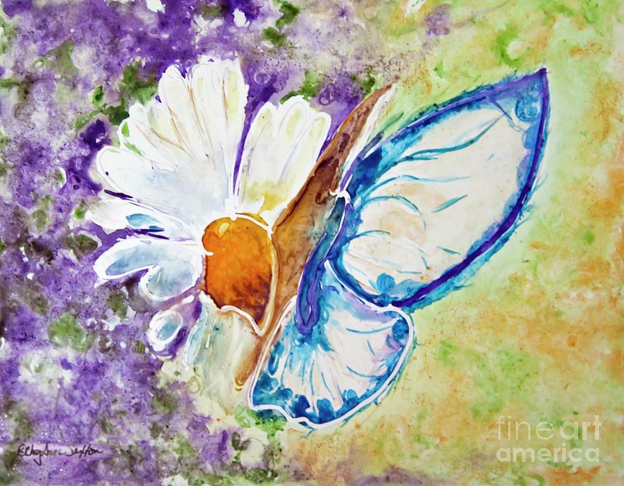 900x702 Blue Butterfly On Daisy Over Purple Watercolor Painting By - Butterfly On Daisy Painting