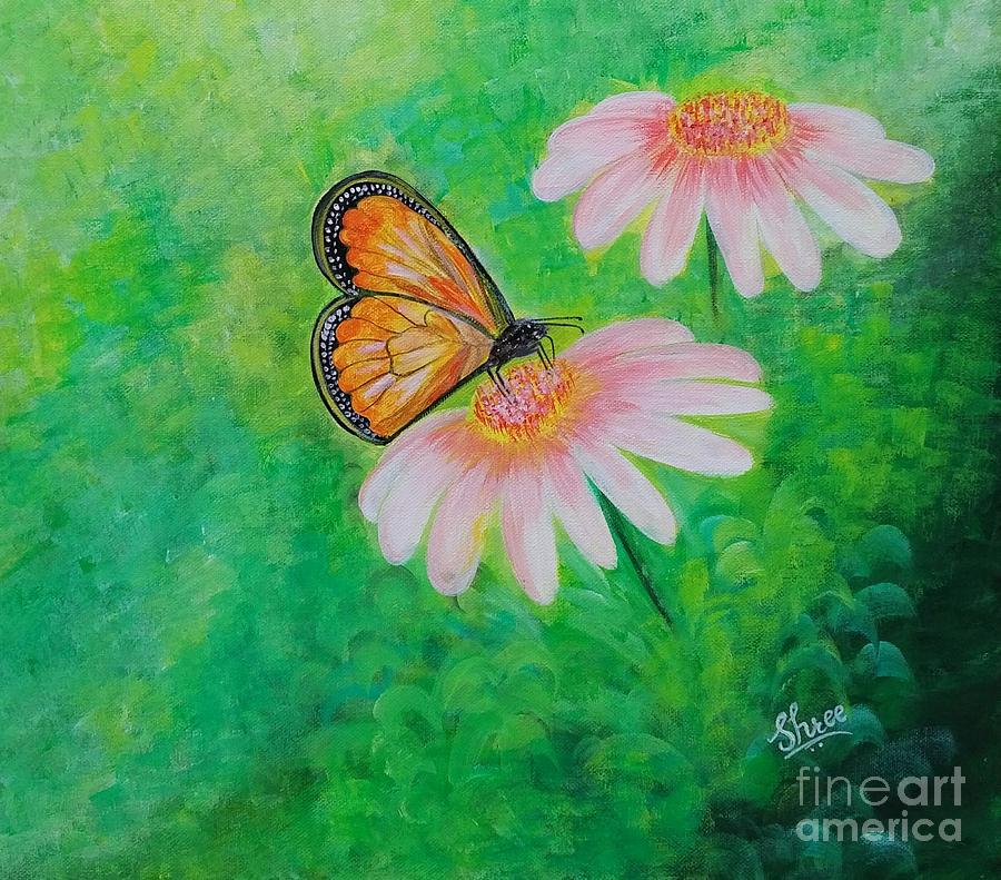 900x791 Monarch Butterfly On A Daisy Painting By Dhanashree Mahesh - Butterfly On Daisy Painting