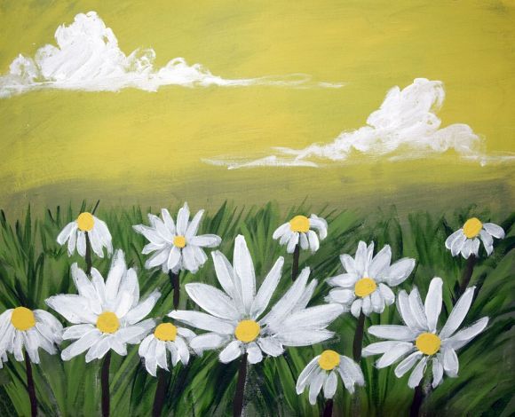 580x470 Original Painting On Canvas Hand Made Flowers English Countryside - Butterfly On Daisy Painting