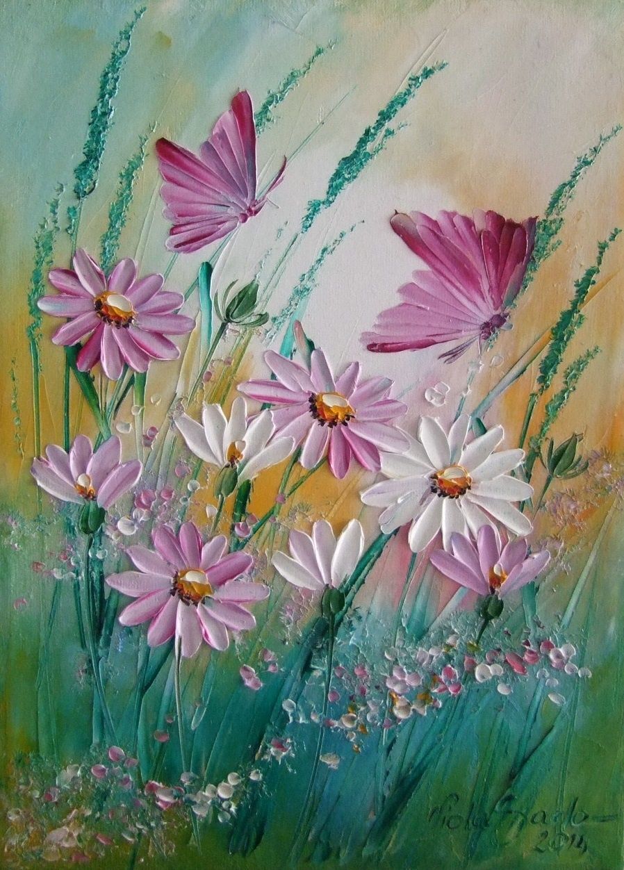898x1252 Pink Butterflies Daisy Meadow Original Impasto Oil Painting Europe - Butterfly On Daisy Painting