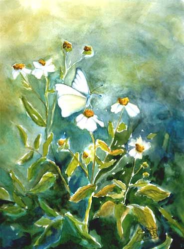 369x500 Painting Of Southern White Butterfly Butterflies - Butterfly On Daisy Painting