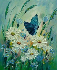 236x288 Beautiful Purple Butterfly And Wildflowers Painting. I Must Try - Butterfly On Flower Painting