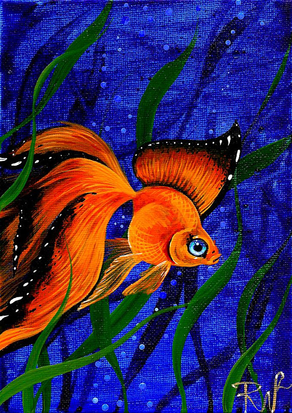 570x805 Rw2 Original Acrylic Goldfish Butterfly Painting Monarch Fish By - Butterfly Painting